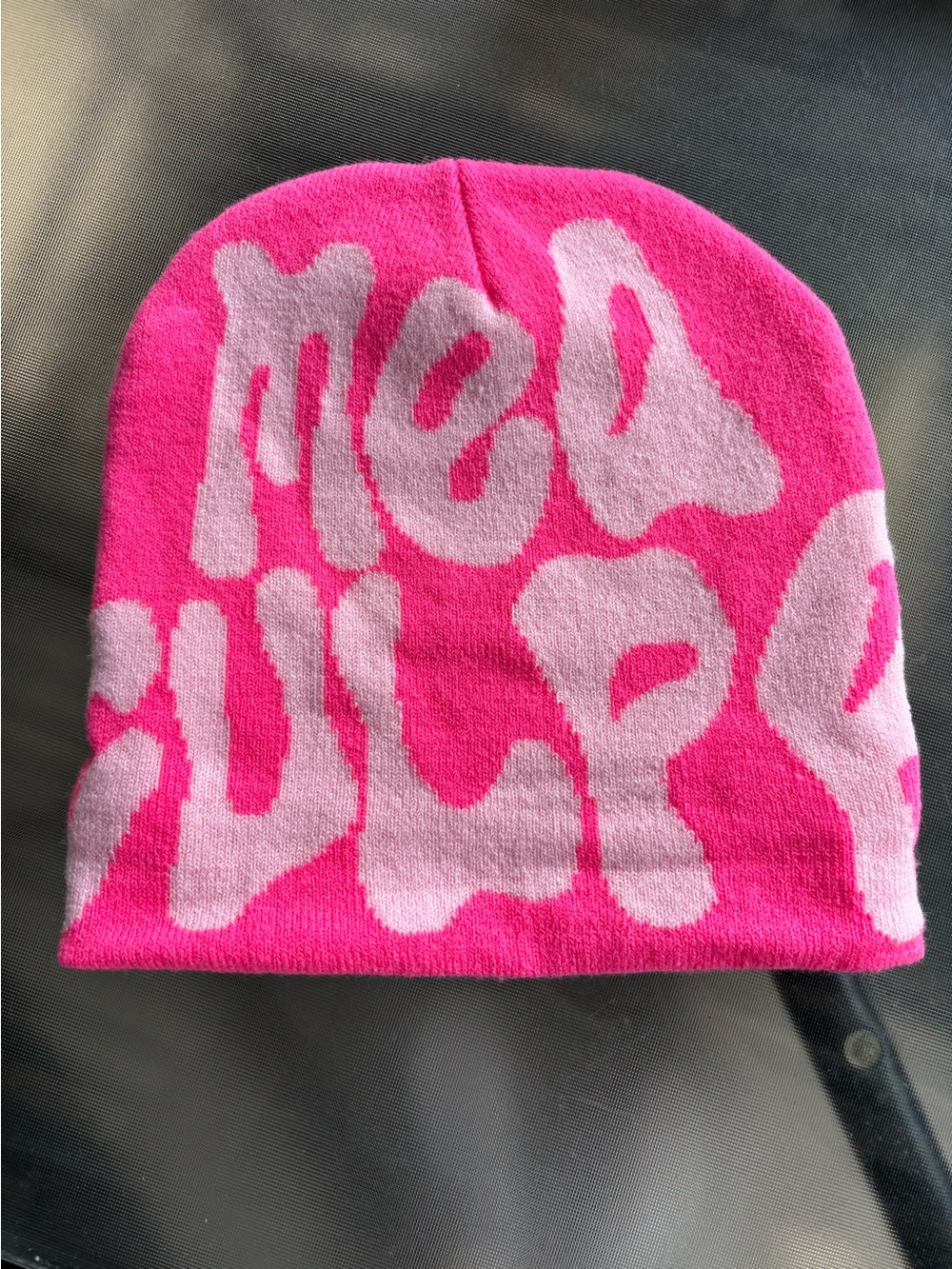 Bright Pink Graphic Beanie Hat with Bubble Text